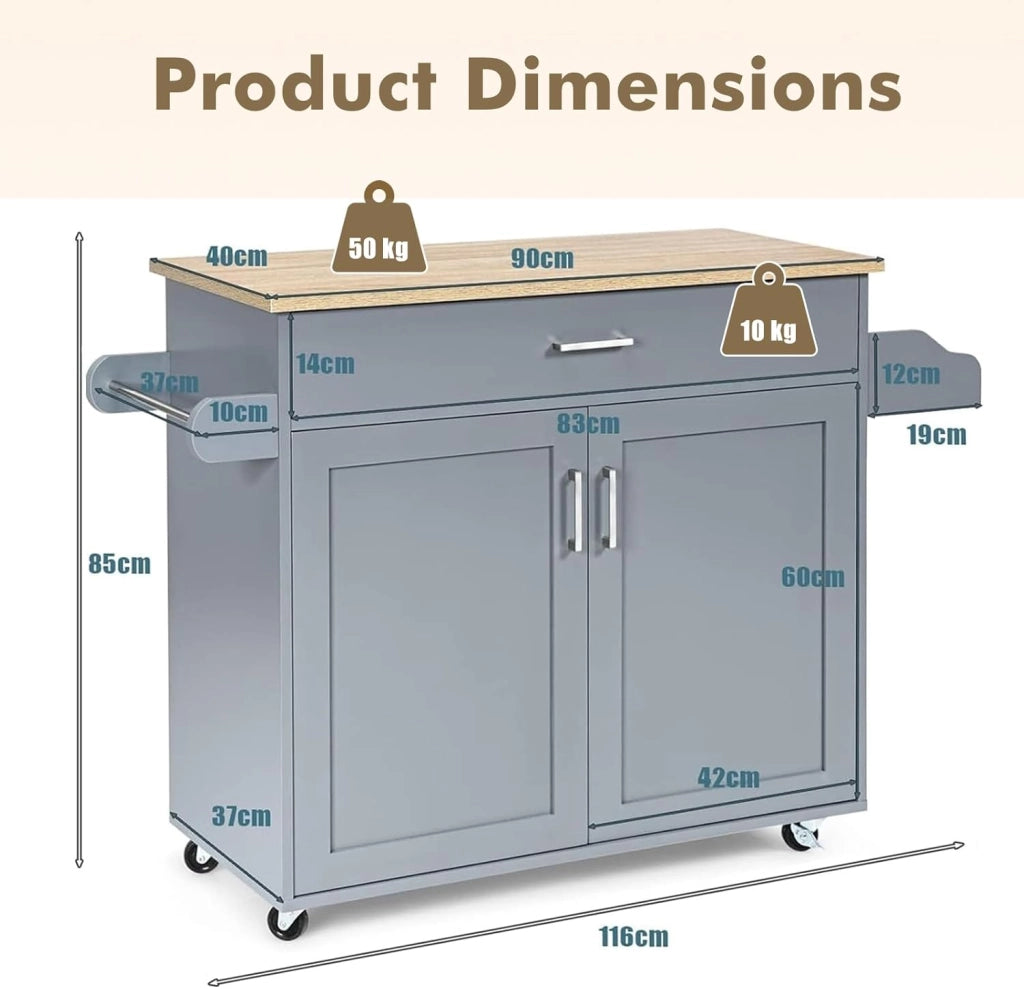 Carrello da Cucina con Ruote di Gomma, Isola Cucina con Cassetto e Ripiano Regolabile, Mobile Credenza Salvaspazio Porta Microonde, Portaspezie, Portasciugamani, 116 x 40 x 85 cm (Grigio)