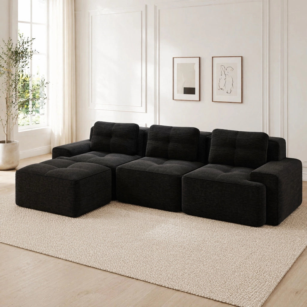 Divano modulare 3 posti con ottoman in corduroy nero; design senza struttura e seduta profonda