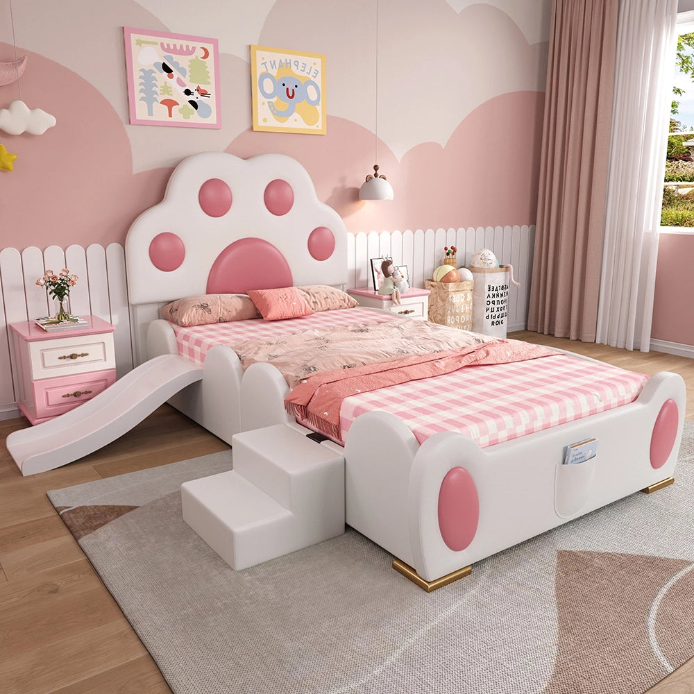 Letto bambino-Xylo-90x200 cm-testo zampa gatto, scivolo, scala, bianco+rosa