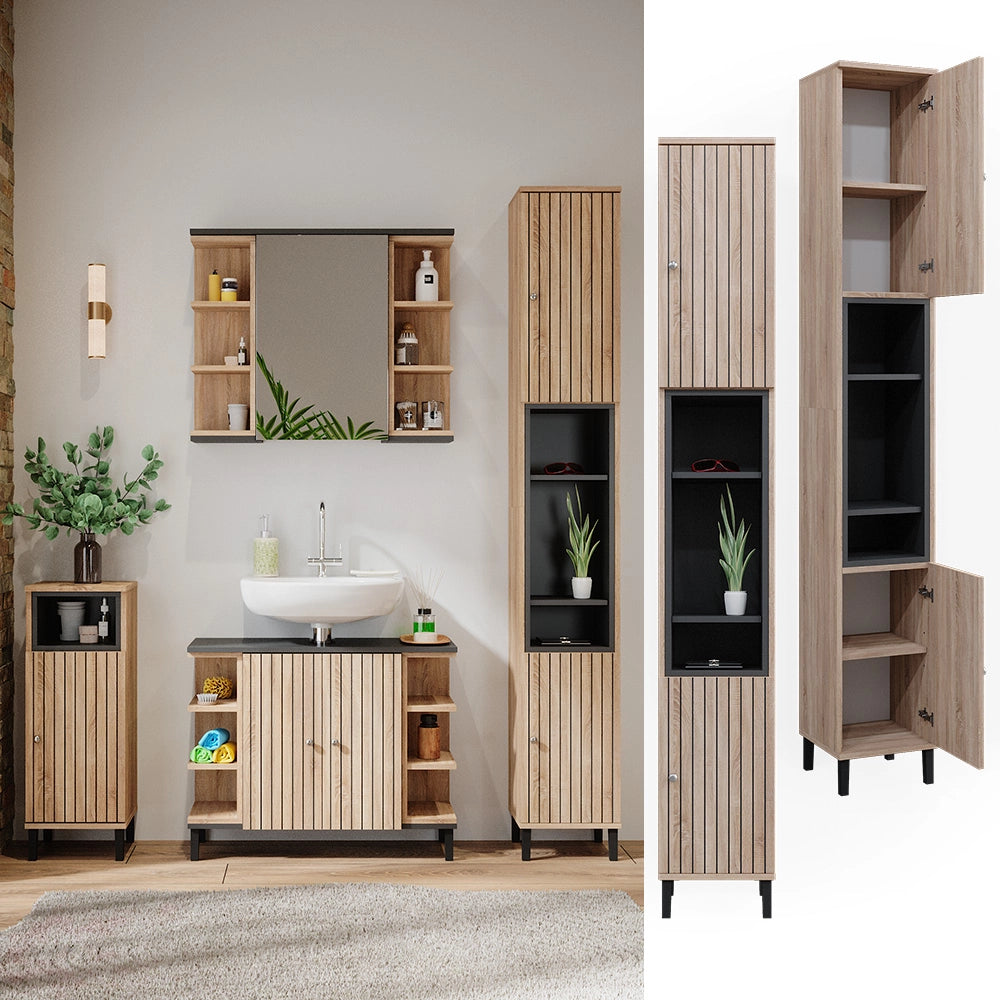 Vicco Armadio per il bagno Marrone 30 x 190 cm con ante e vani a giorno