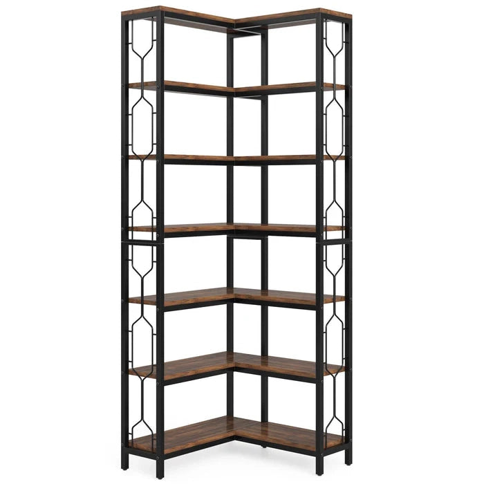Libreria angolare industriale a 7 ripiani, scaffale da terra salvaspazio in legno ingegnerizzato e metallo nero