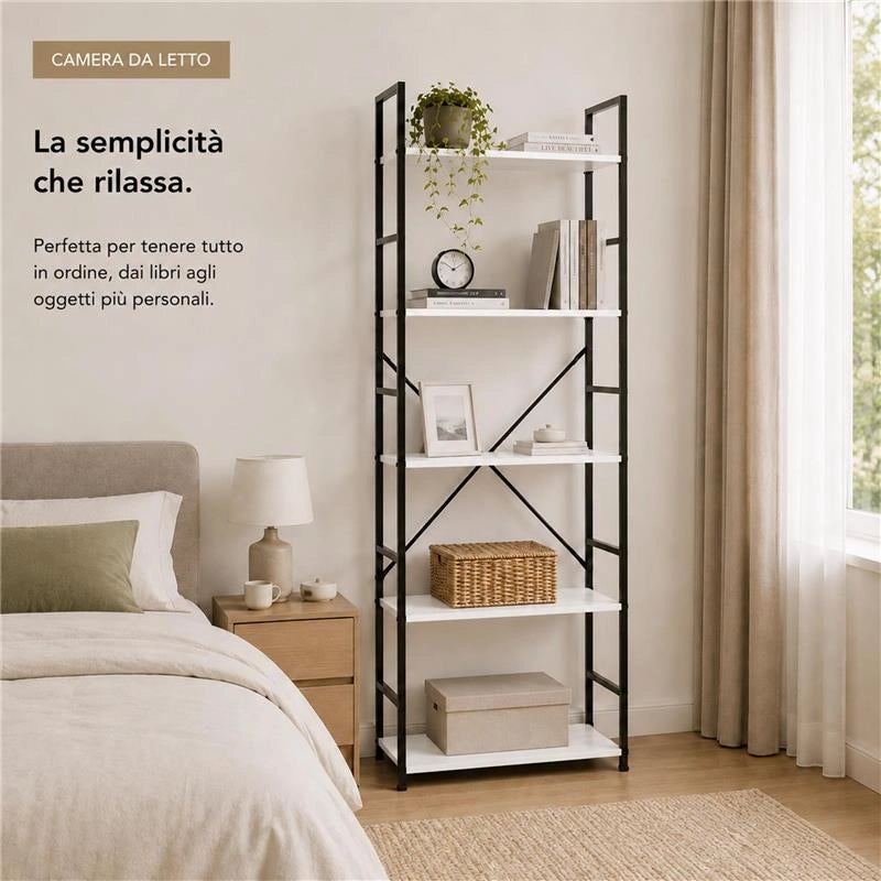 LIBRERIA STILE INDUSTRIAL A 5 RIPIANI IN LEGNO E METALLO DIMENSIONI 59X24X144CM - COLORE BIANCO LEGNO
