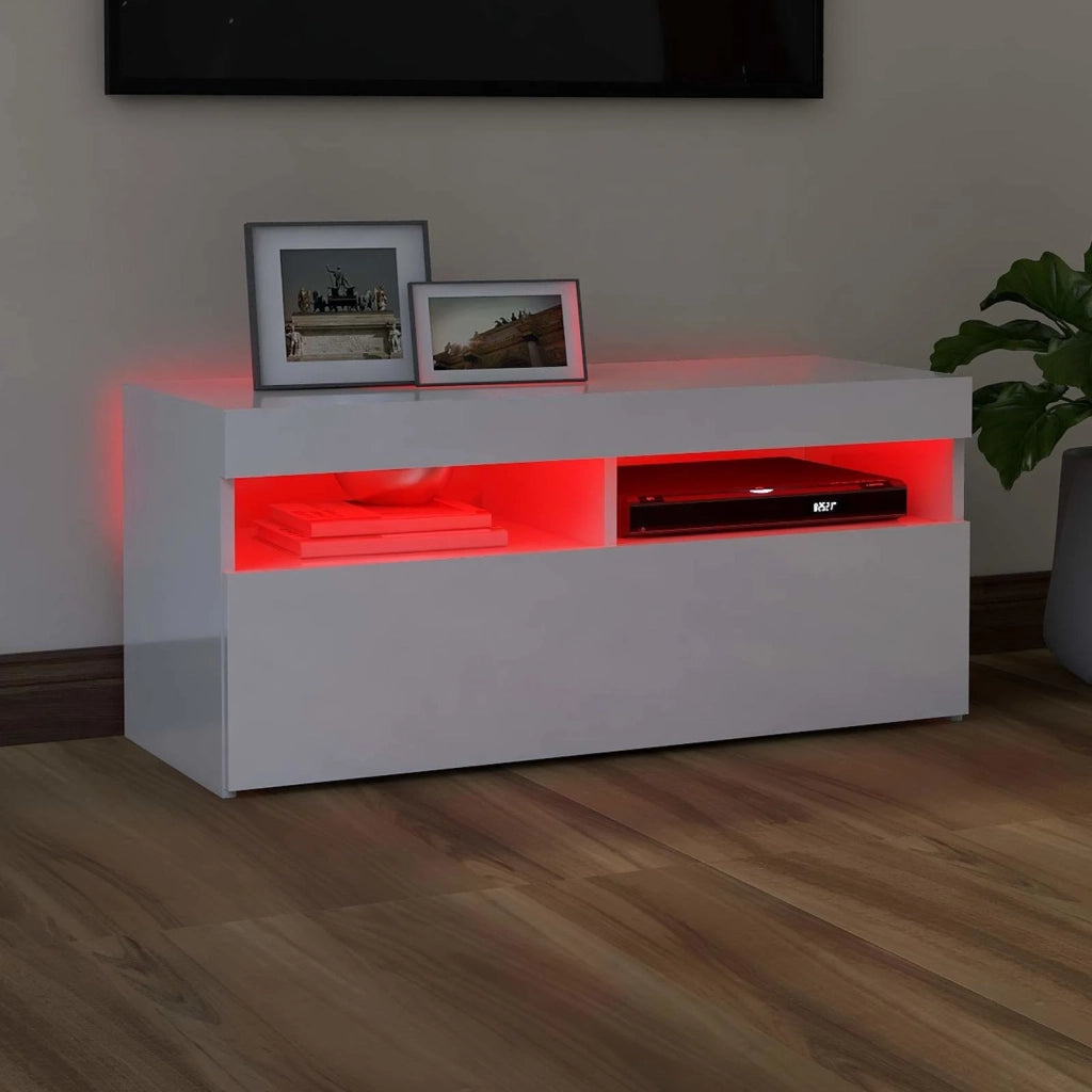 Mobile Porta TV con Luci LED Bianco Lucido 90x35x40 cm 804388
