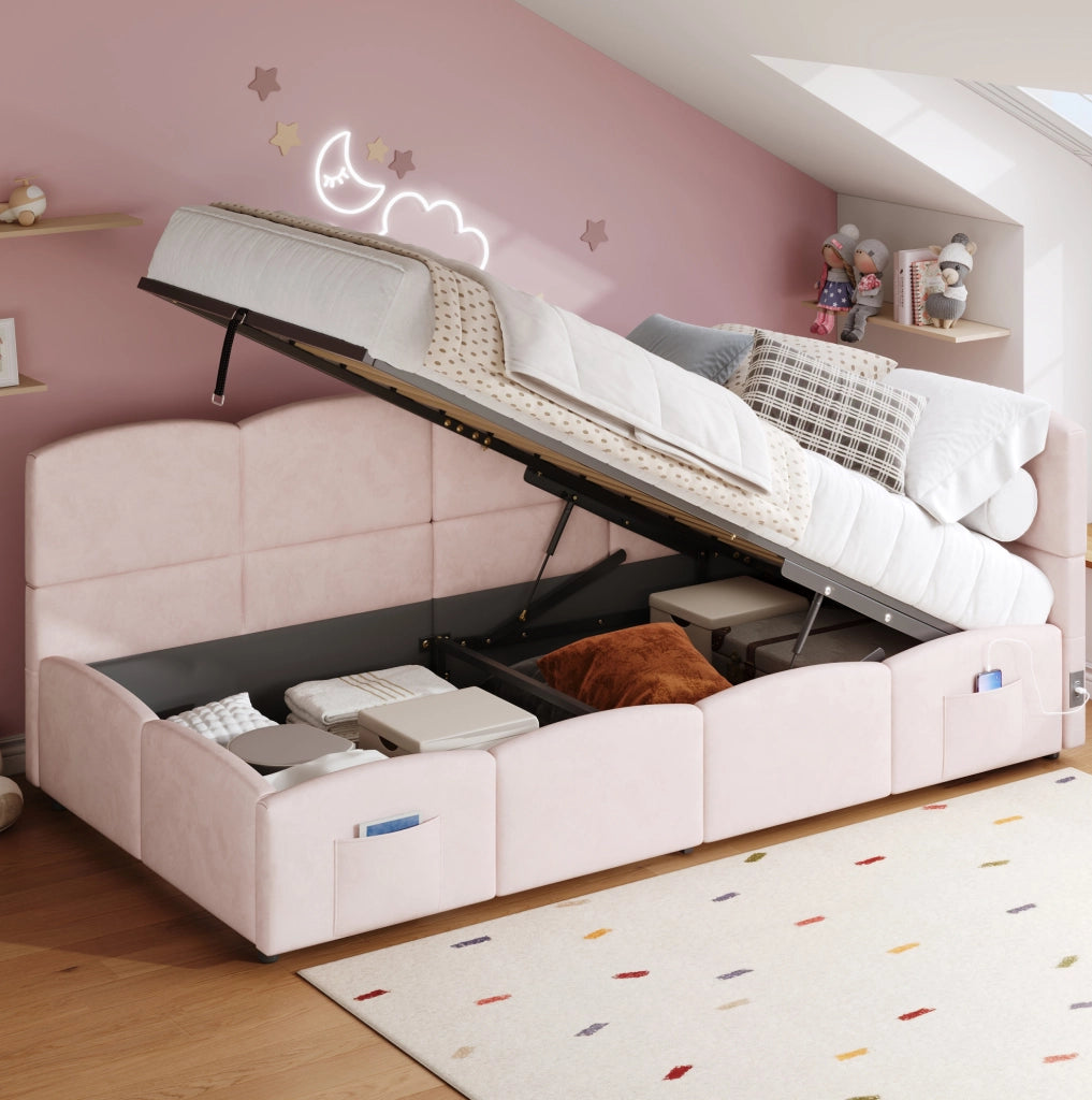 Letto imbottito 90x200 cm rosa con contenitore e USB