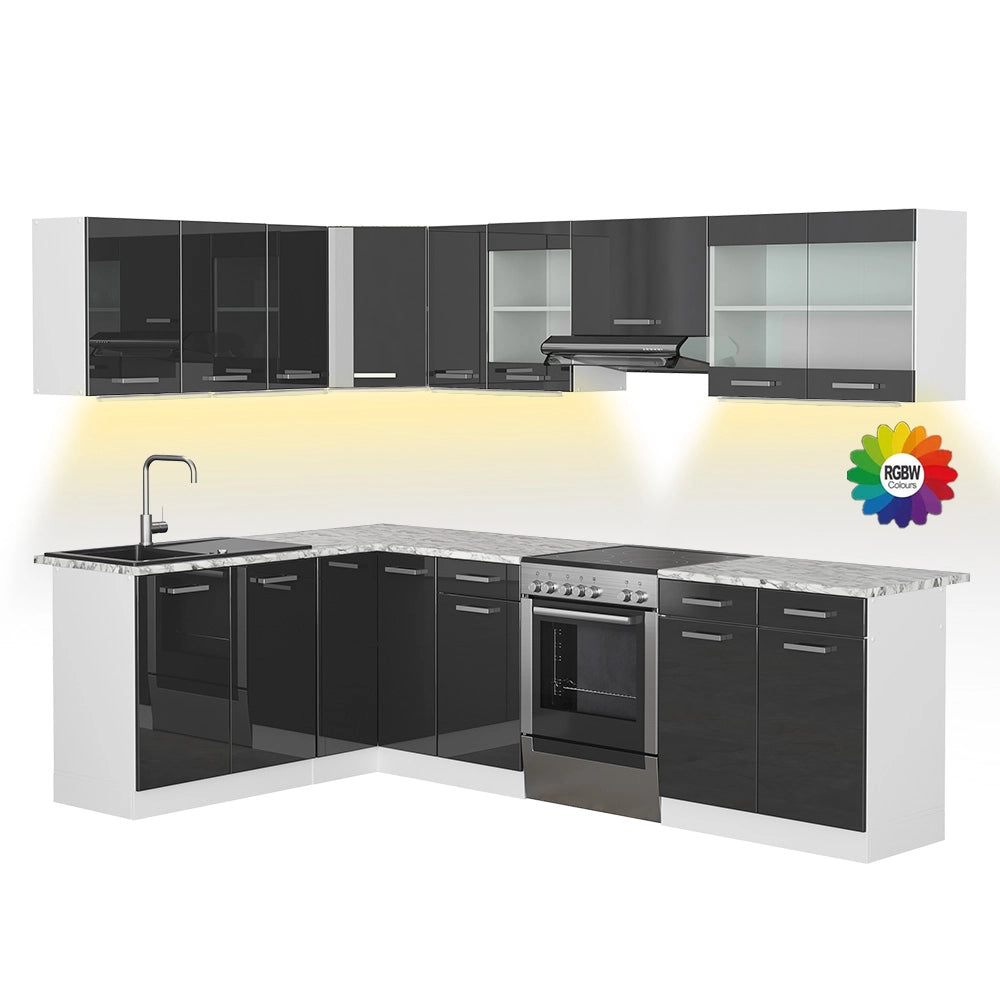 Vicco Cucina ad angolo Bianco/antracite lucido 267 x 167 cm , PL Marmo con striscia LED