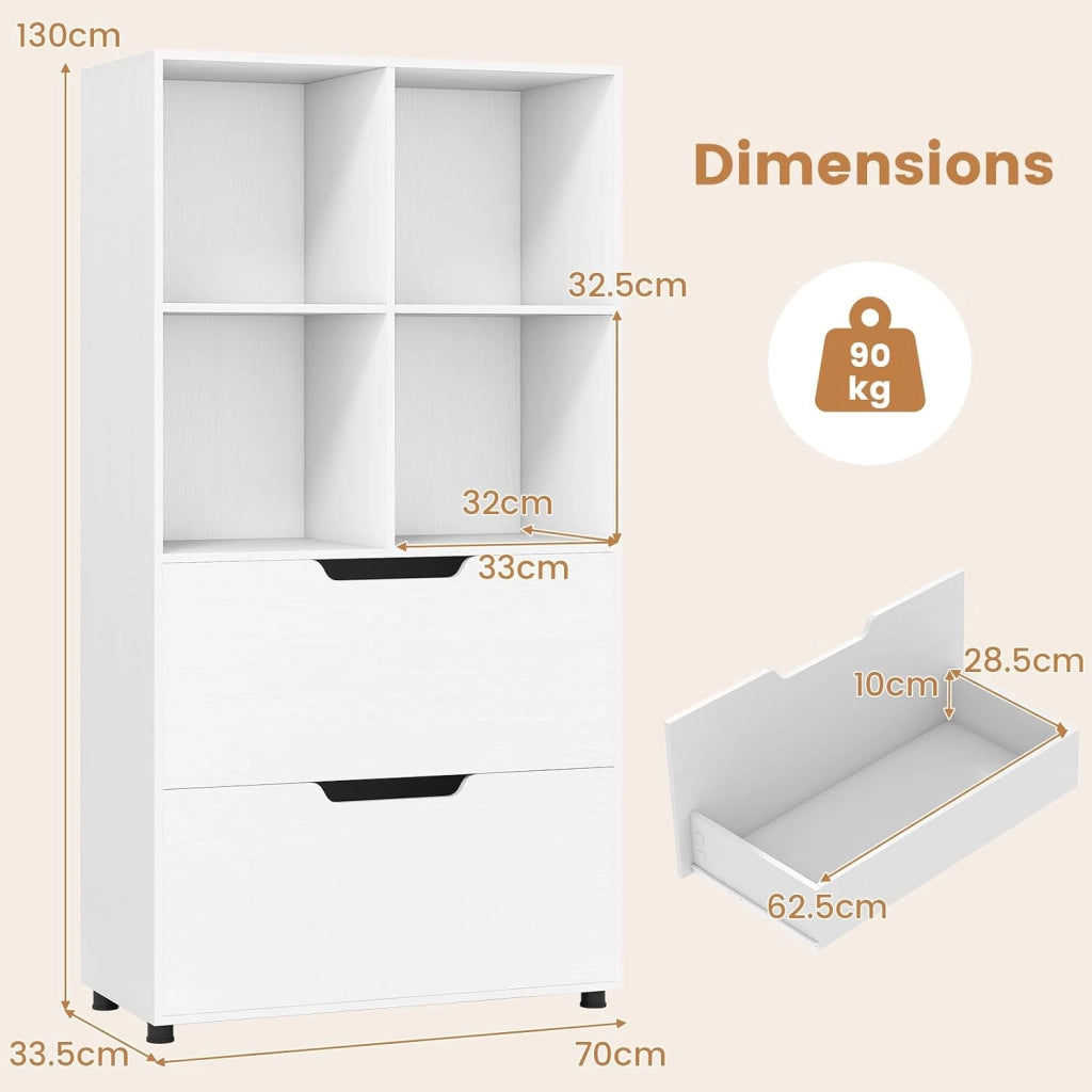 Libreria Scaffale in Legno con 4 Cubi e 2 Cassetti, Libreria Chiusa con Dispositivo Antiribaltamento, Mobile per Soggiorno, Ufficio, Camera da Letto, 70 x 33,5 x 130 cm (Bianco)