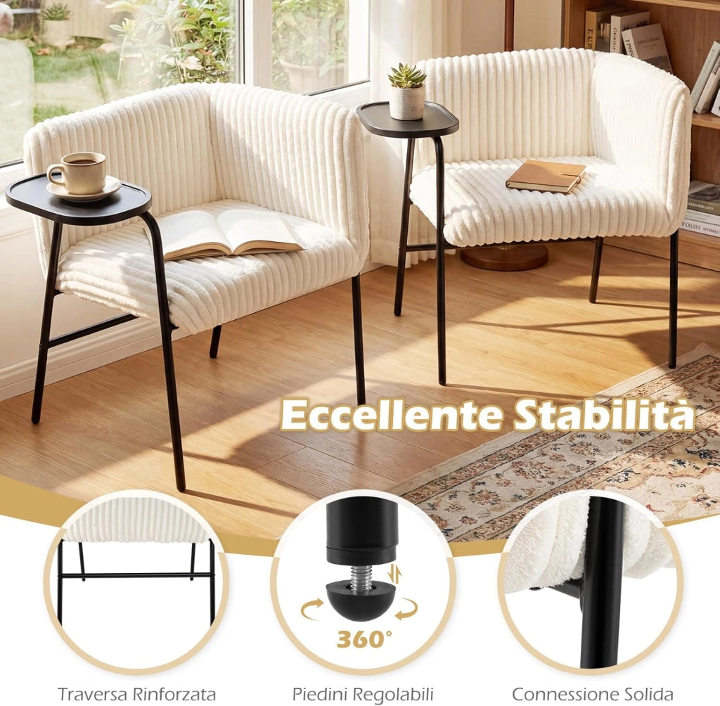 Poltrona Moderna con Tavolino, Poltrona Imbottita in Velluto a Coste con Struttura in Metallo, Cuscino Imbottito in Spugna, Sedia Comoda per Soggiorno e Camera da Letto