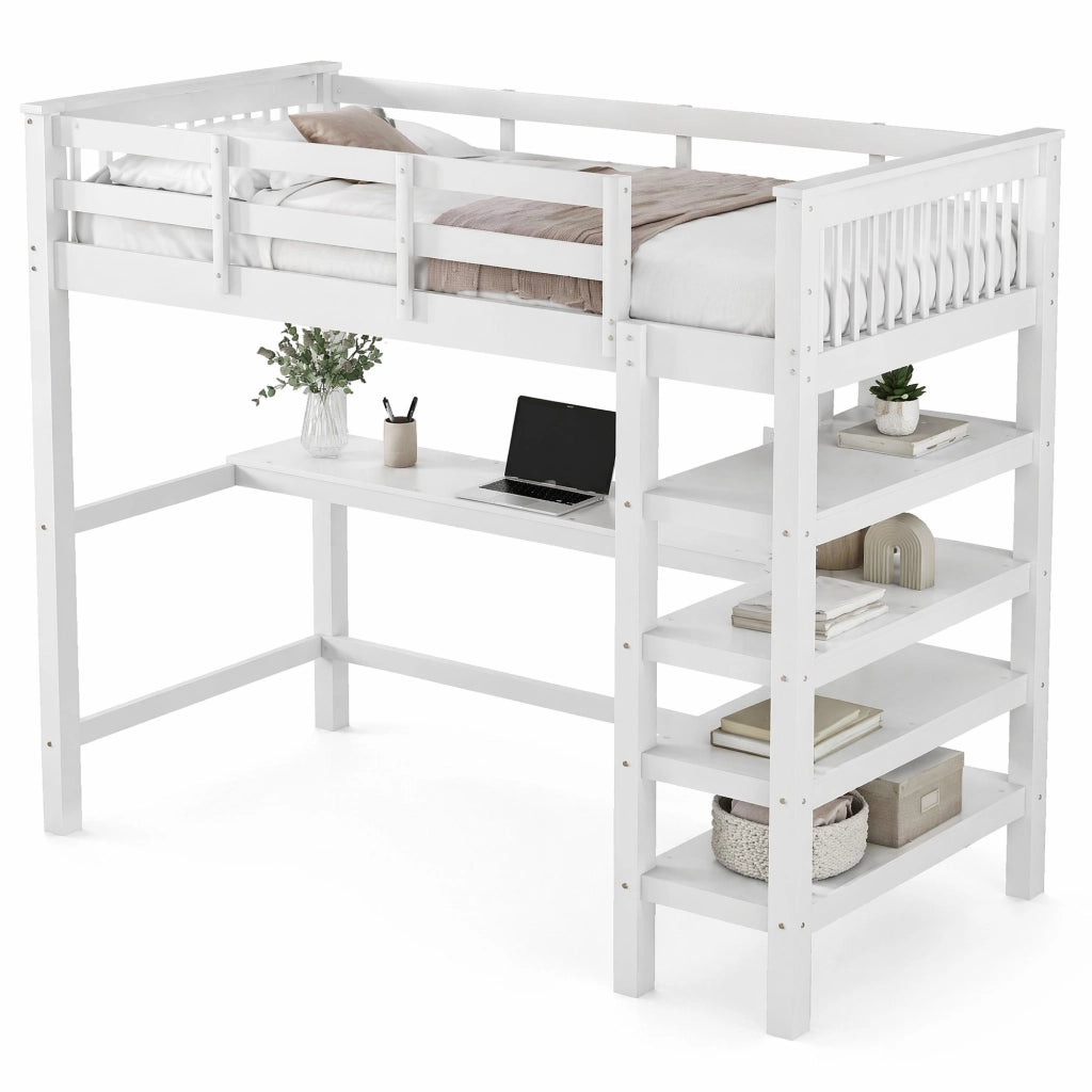 Hochbett 90x200 con scrivania e vani contenitivi, bianco