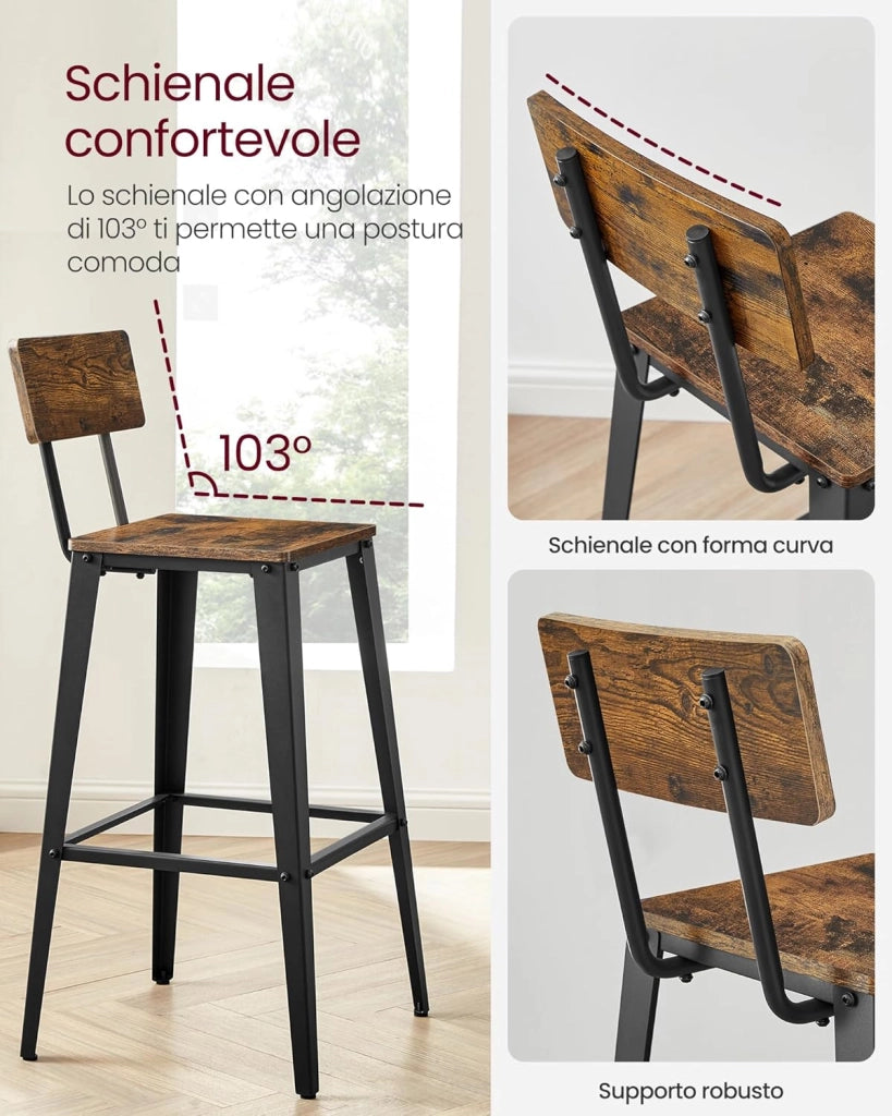 VASAGLE Sgabelli da Bar, Set da 2, Sgabelli Cucina, con Schienale, Struttura in Acciaio, Facile da Montare, Sgabelli Alti, Stile Industriale, Marrone Vintage e Nero LBC078B01