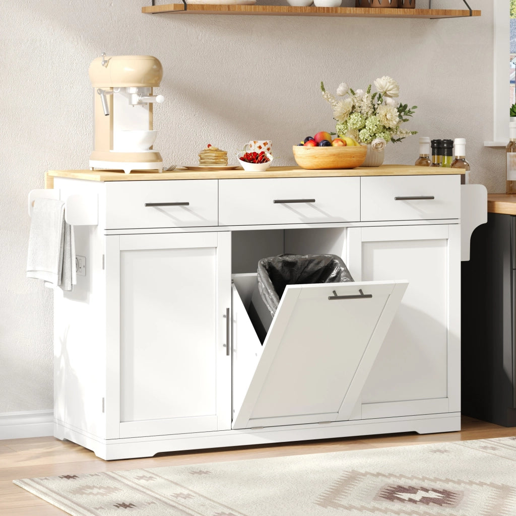 Carrello da cucina con 3 cassetti; 2 vani e vano porta rifiuti con piano ribaltabile per cucina