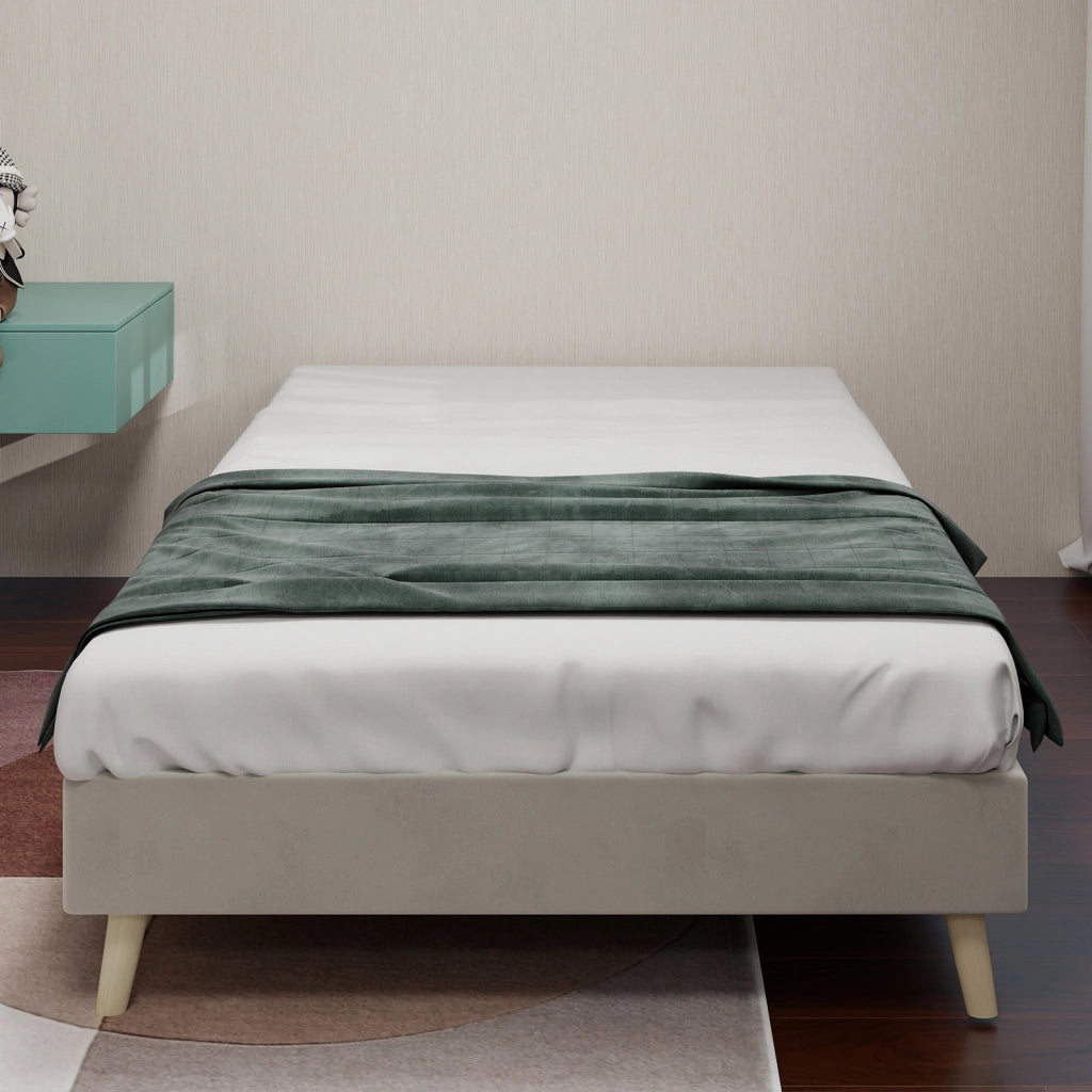 Letto Singolo 90x200 cm con Struttura in Metallo e Tessuto; Design Basso - Beige