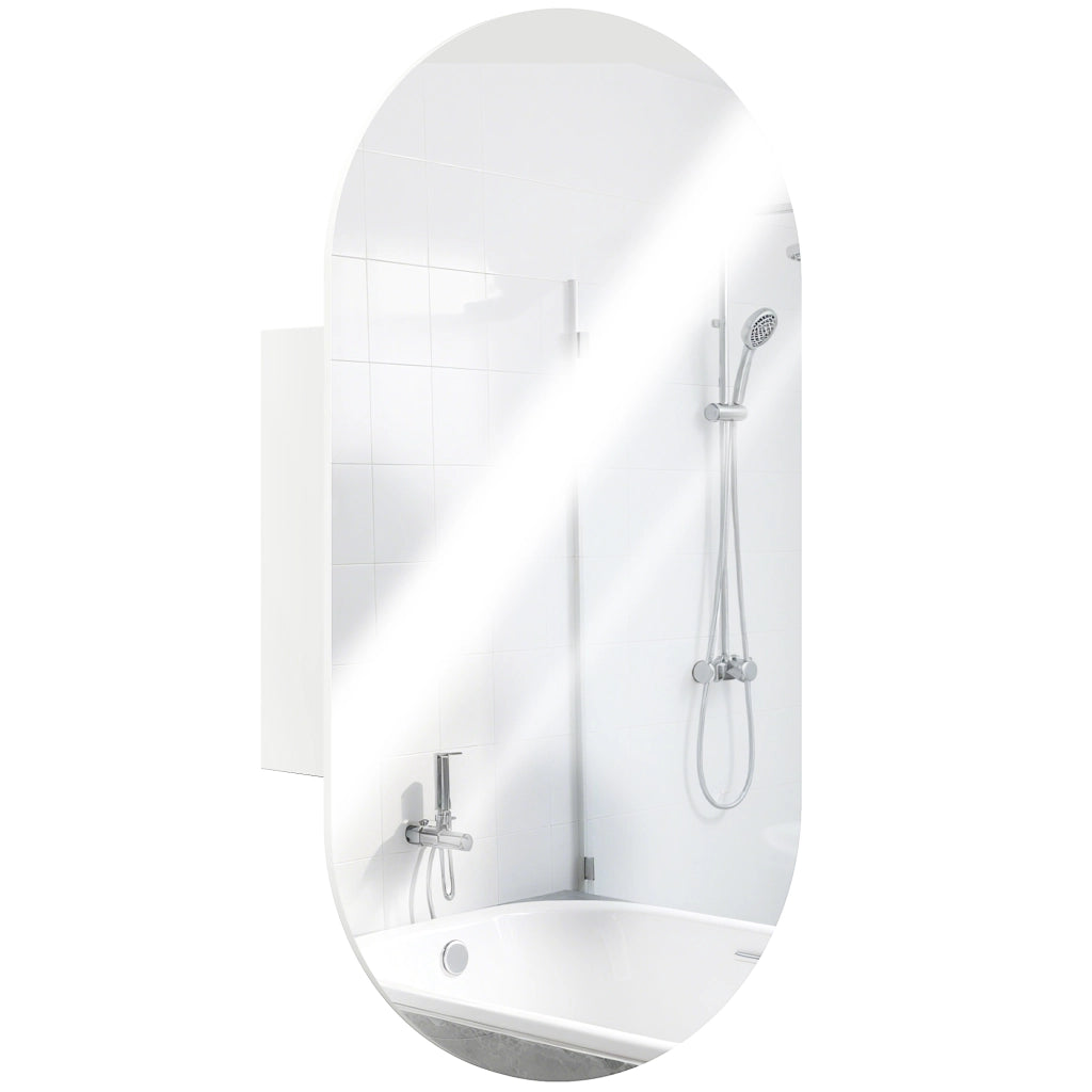 Specchio Bagno Ovale Moderno con Armadietto e Due Ripiani, 45x90 cm, Bianco