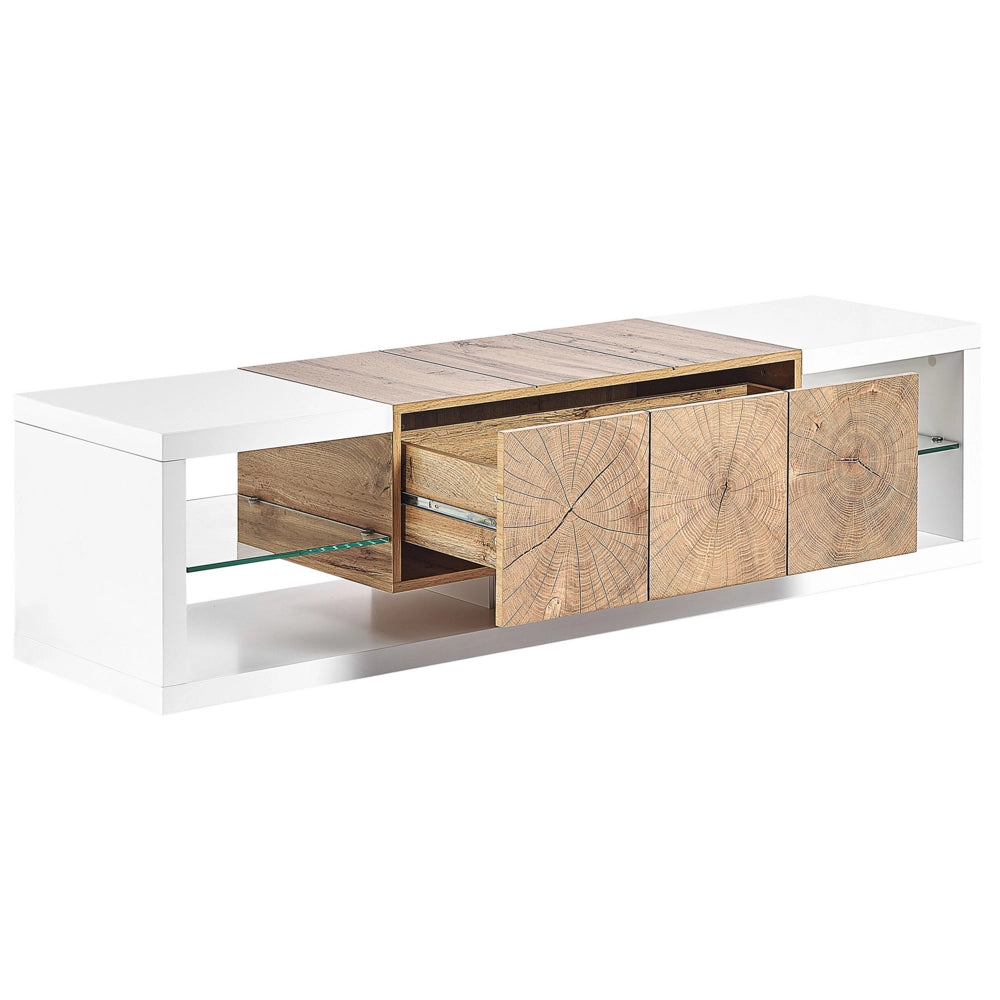 Mobile TV Bianco Legno Chiaro MDF Vetro Temperato 160 Cm Fino A 70ʺ Ripiani Cassetti Design Moderno
