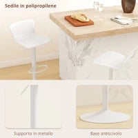 Set 2 Sgabelli da Bar con Schienale, Girevoli e con Altezza Regolabile, Polipropilene, Bianco