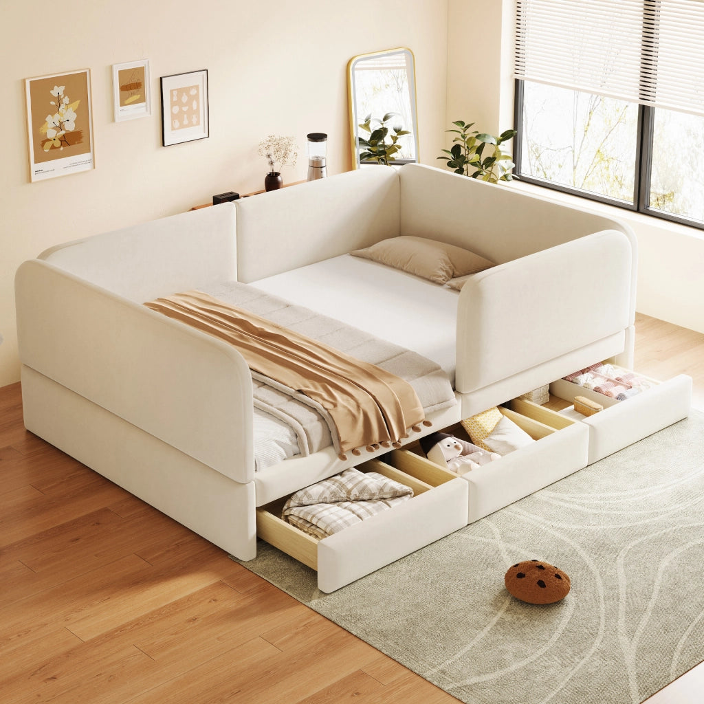 Letto per bambini imbottito 140x200 cm in velluto con sponde di sicurezza, cassetti contenitore, beige
