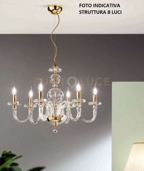 LAMPADARIO BACH 8 LUCI CRISTALLO E FINITURA ORO ATTACCO E14