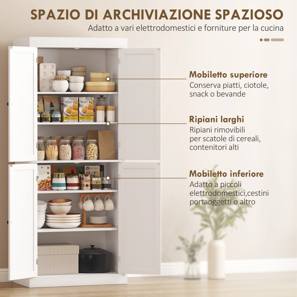 Mobile Cucina Alto con 6 Ripiani Regolabili e 2 Ante in Legno, 76x40.5x184 cm, Bianco