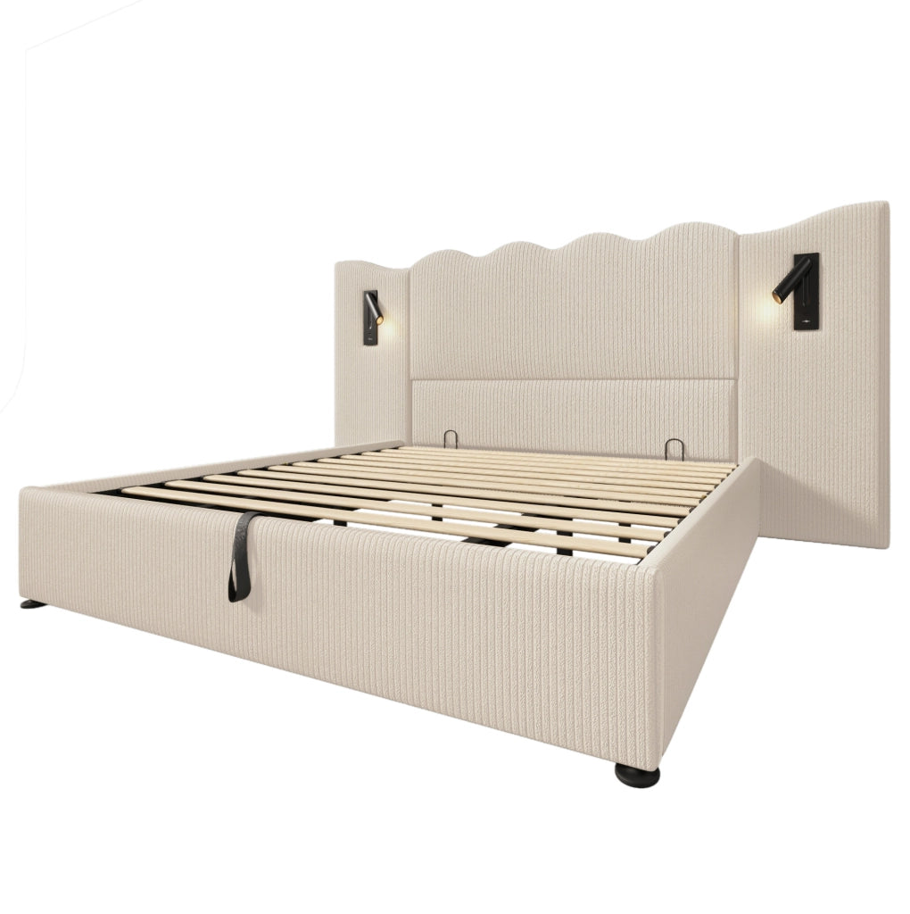 Letto matrimoniale 180x200 cm con testiera ondulata in tessuto corduroy beige; lampada integrata e contenitore