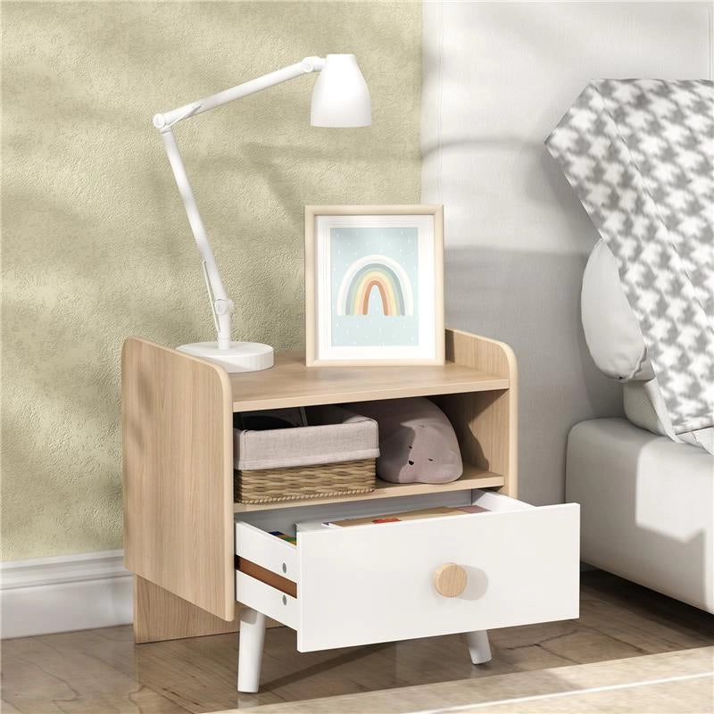COMODINO CON CASSETTO PER BAMBINI 3-10 ANNI IN LEGNO E LEGNO DI PINO, 40X32.5X40 CM, BIANCO