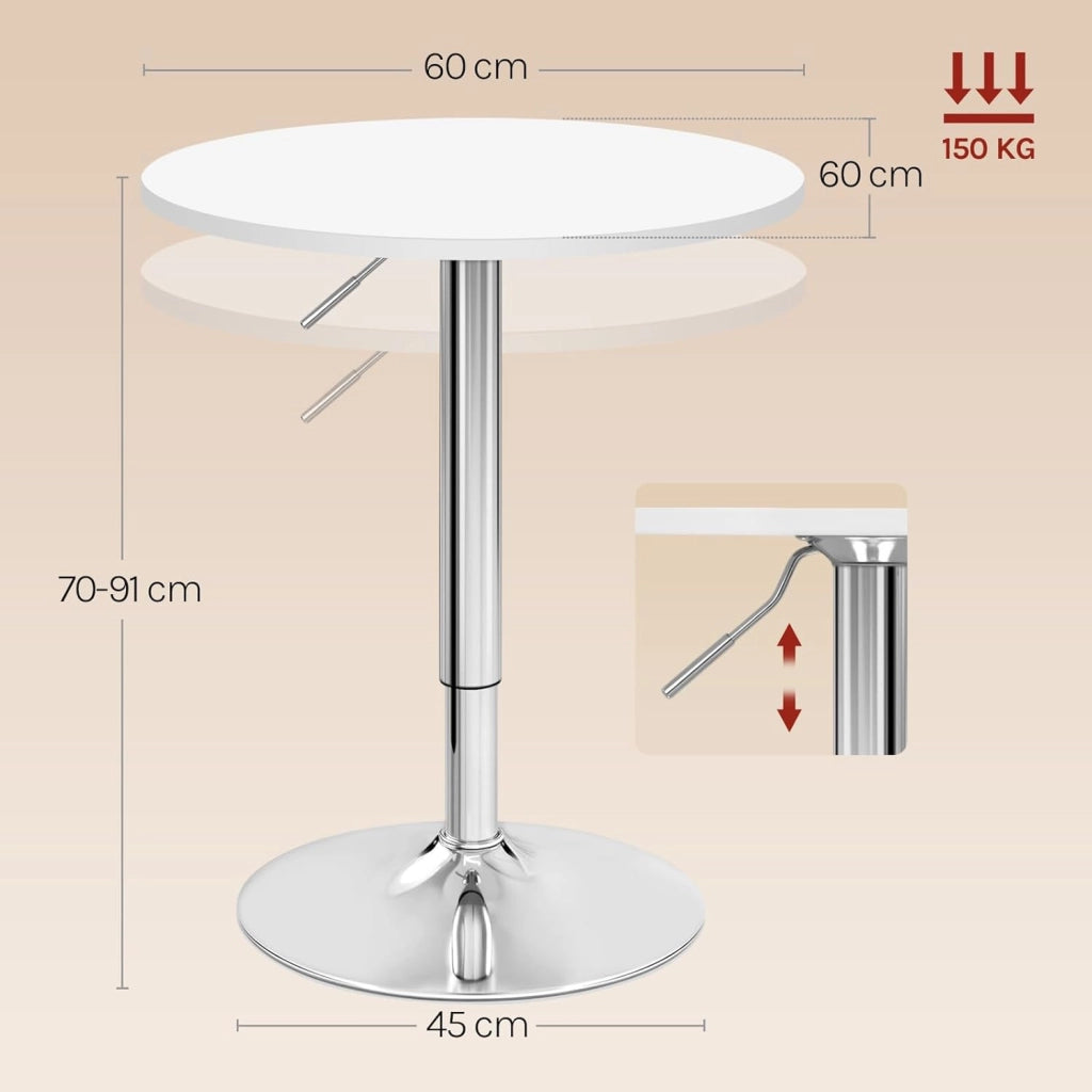 Tavolino da Bar, Girevole Piano Rotondo, Diametri 60 cm, Tavolo da Cucina, Base in Acciaio e Piano in MDF, per Soggiorno, Bianco