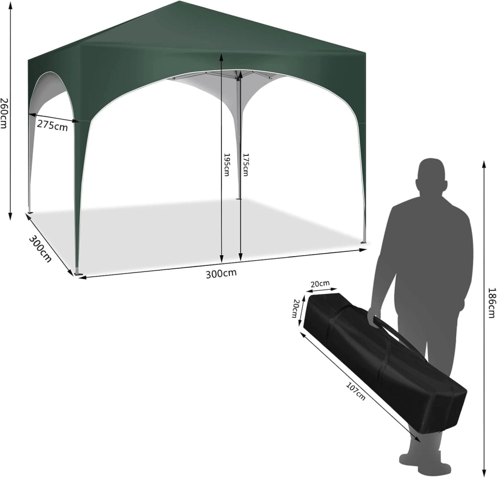 Gazebo da Giardino Richiudibile 3x3m Gazebo da Esterno in Ferro Regolabile in Altezza Tendone con Soffitto Semicircolare Pieghevole Protezione Solare,Set di 4 Sacchi di Sabbia,Verde