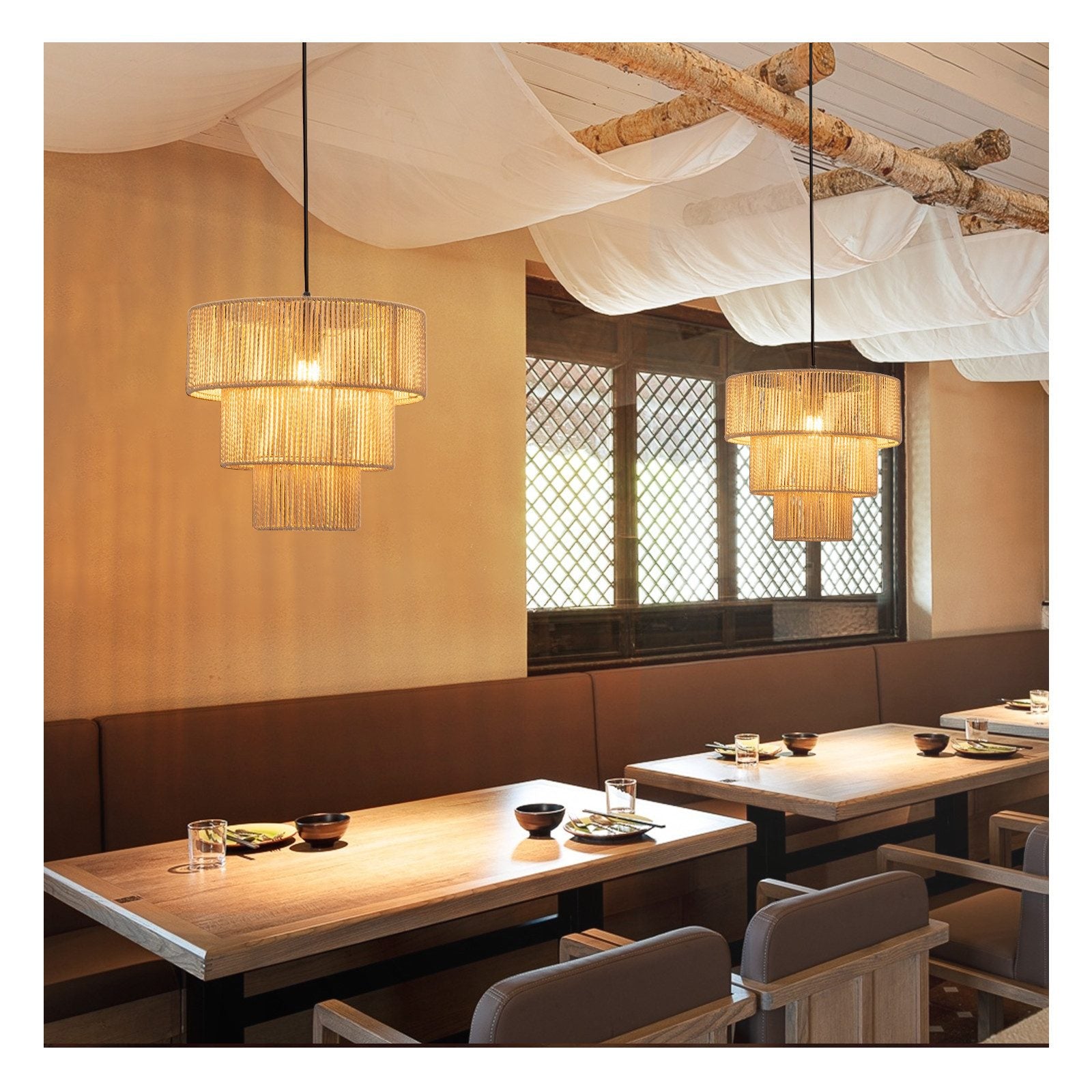 Lampada a sospensione ZMH per sala da pranzo 1 fiamma in rattan beige stile boho per bar e ristoranti