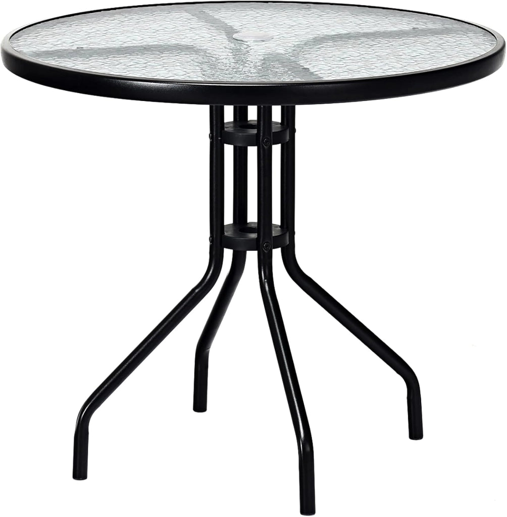 Tavolo da Giardino Rotondo con Foro per Ombrellone, Tavolo da Pranzo con Piano in Vetro e Telaio in Metallo, 70 x 70 x 71 cm, Tavolino da Esterno Classico per Cortile, Terrazza, Balcone