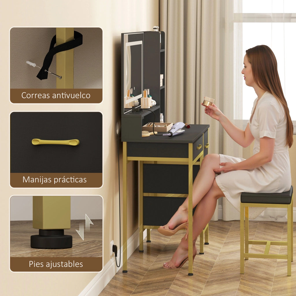 Toletta con Specchio LED e Sgabello ¨C Xylo ¨C 4 Cassetti Nero con Stazione di Ricarica