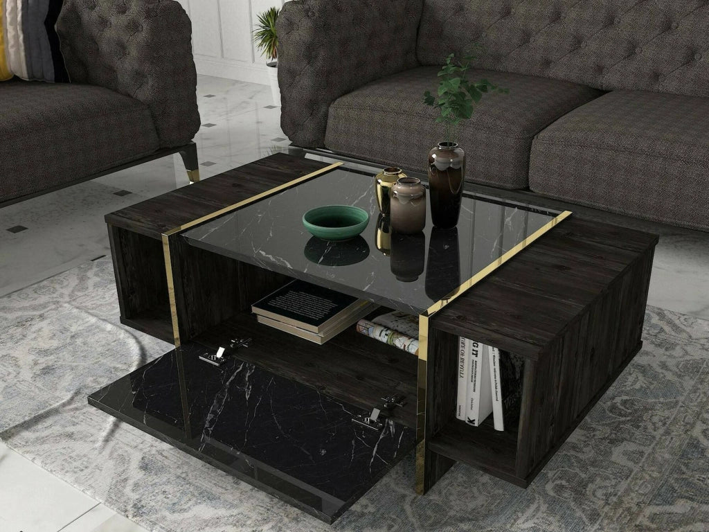 Tavolino da salotto Salvador, Tavolo basso da caffè, Portariviste per divano, Ripiano da soggiorno, 104x60h37 cm, Nero e Oro