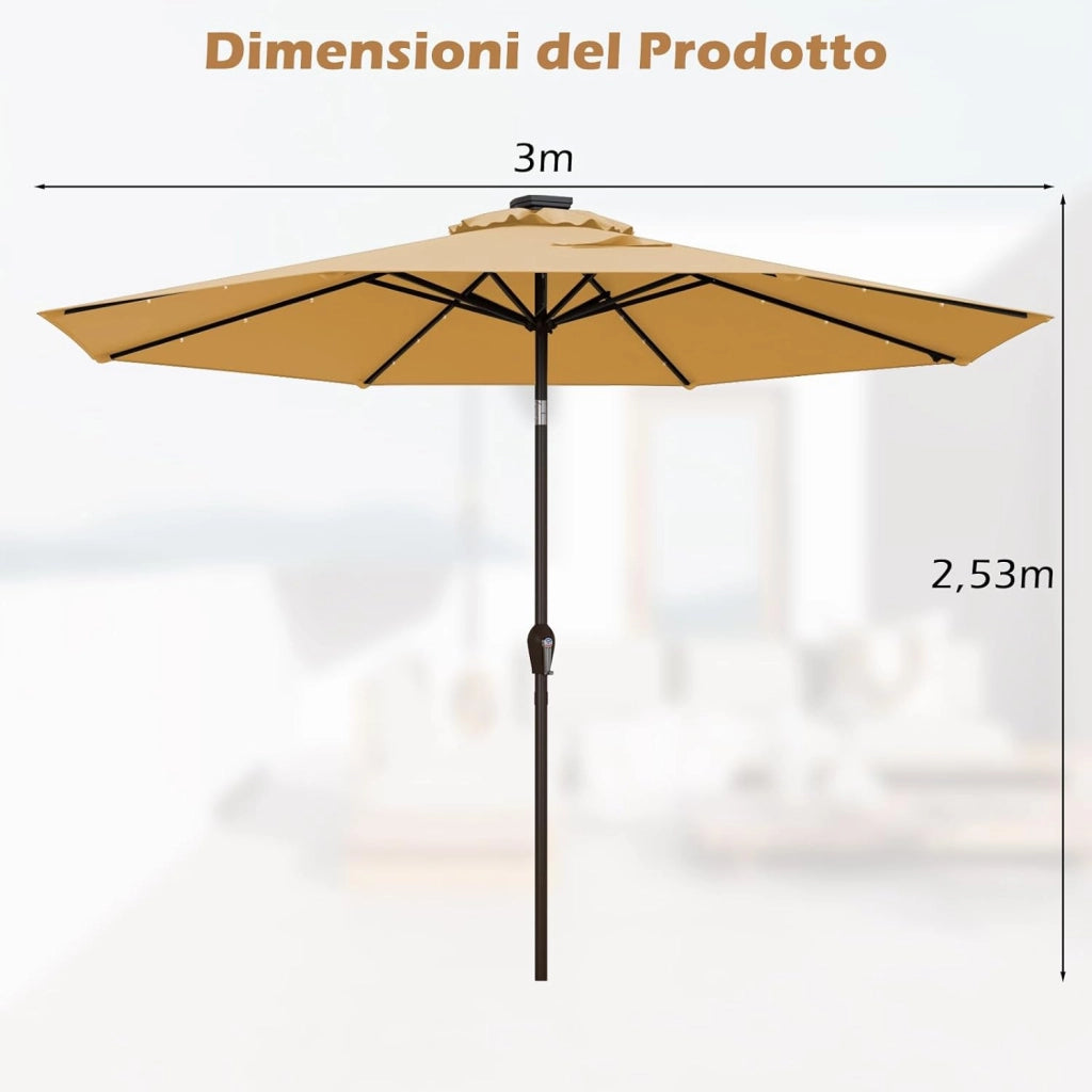 Ombrellone da Giardino con LED Luci Ø300 cm, Parasole da Esterno Ombrello da Spiaggia (Beige)