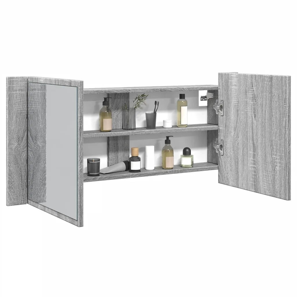 Armadietto Specchio con LED da Bagno-Mobile bagno con specchio Grigio Sonoma 100x12x45 cm