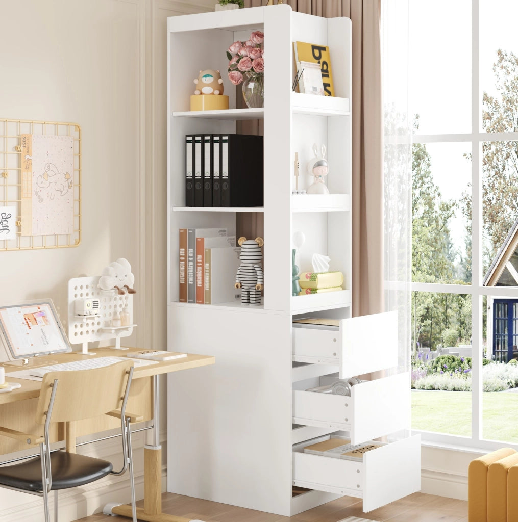Libreria stretta alta 200 cm con 3 ripiani aperti e 3 cassetti; bianco