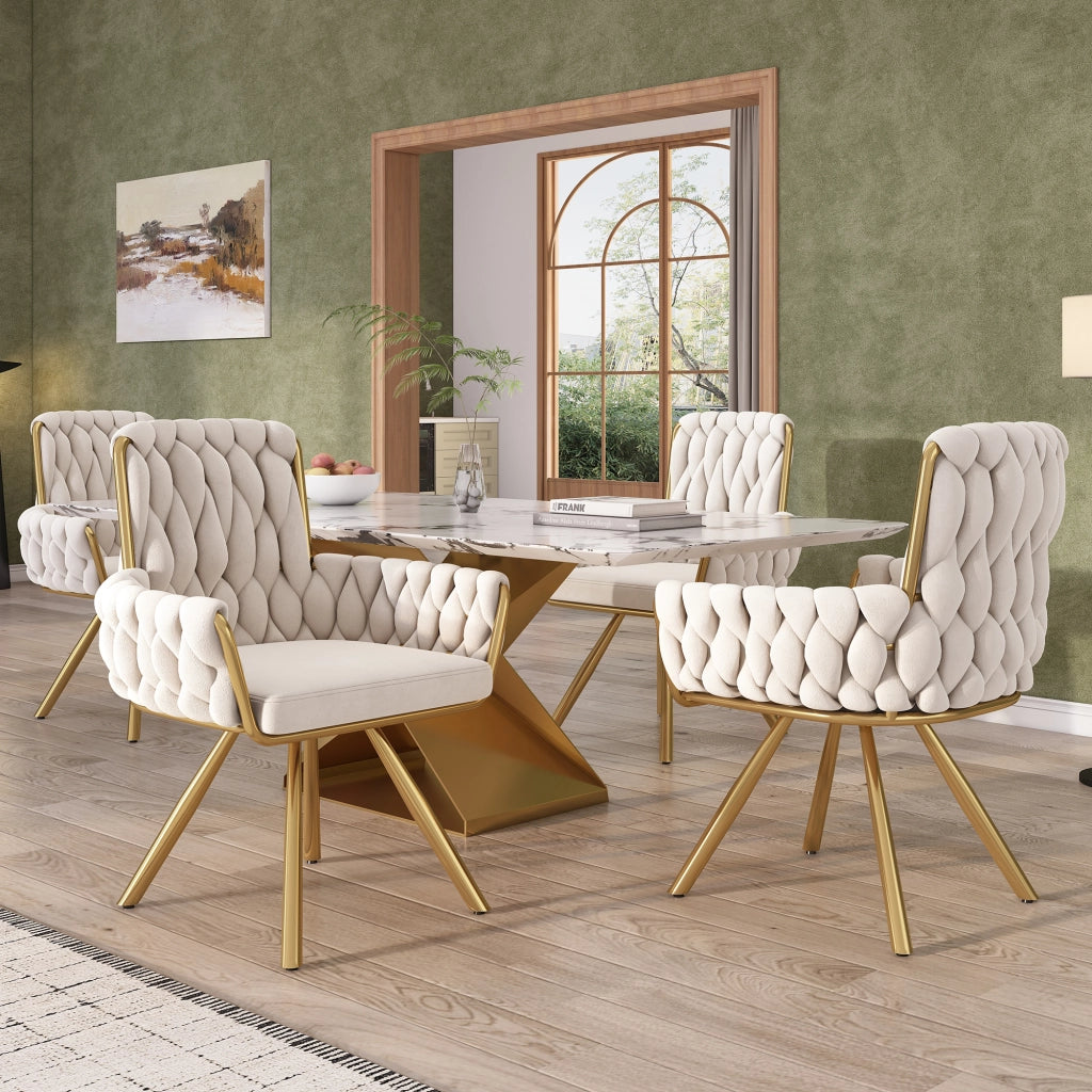Set 2 sedie da pranzo girevoli in velluto beige con schienale alto, braccioli e struttura in metallo