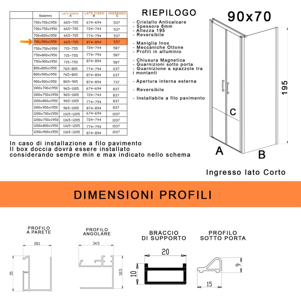 Box doccia due lati con porta saloon h195 6mm anticalcare dobla, misura 90x70