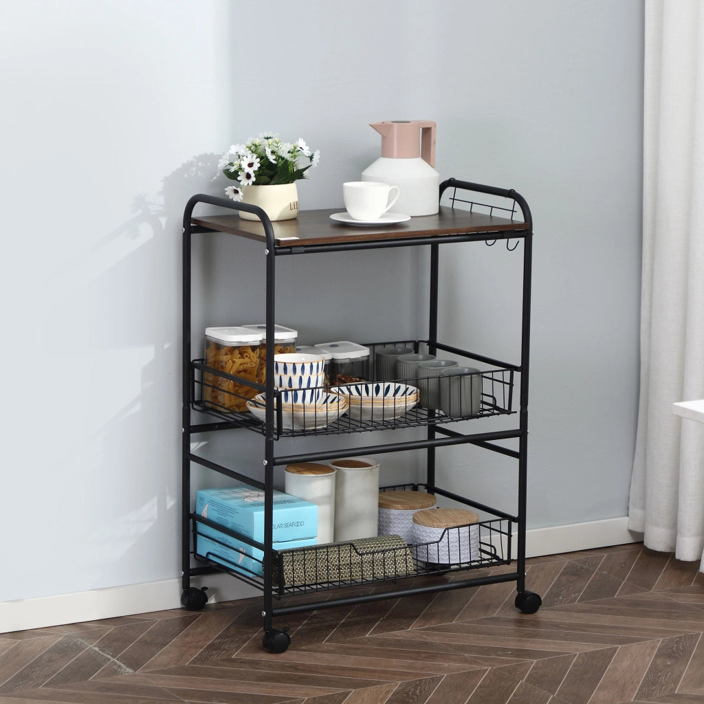 Carrello da Cucina Portavivande Stion Industriale con 4 Ruote, 2 Cestini e 4 Ganci ¨C zephmum ¨C Marrone Nero 60x38x85.5cm