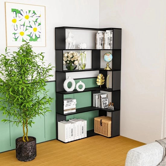 Cassettiere a muro angolare L, display in legno massello, libreria a pavimento con pannello antiurto.