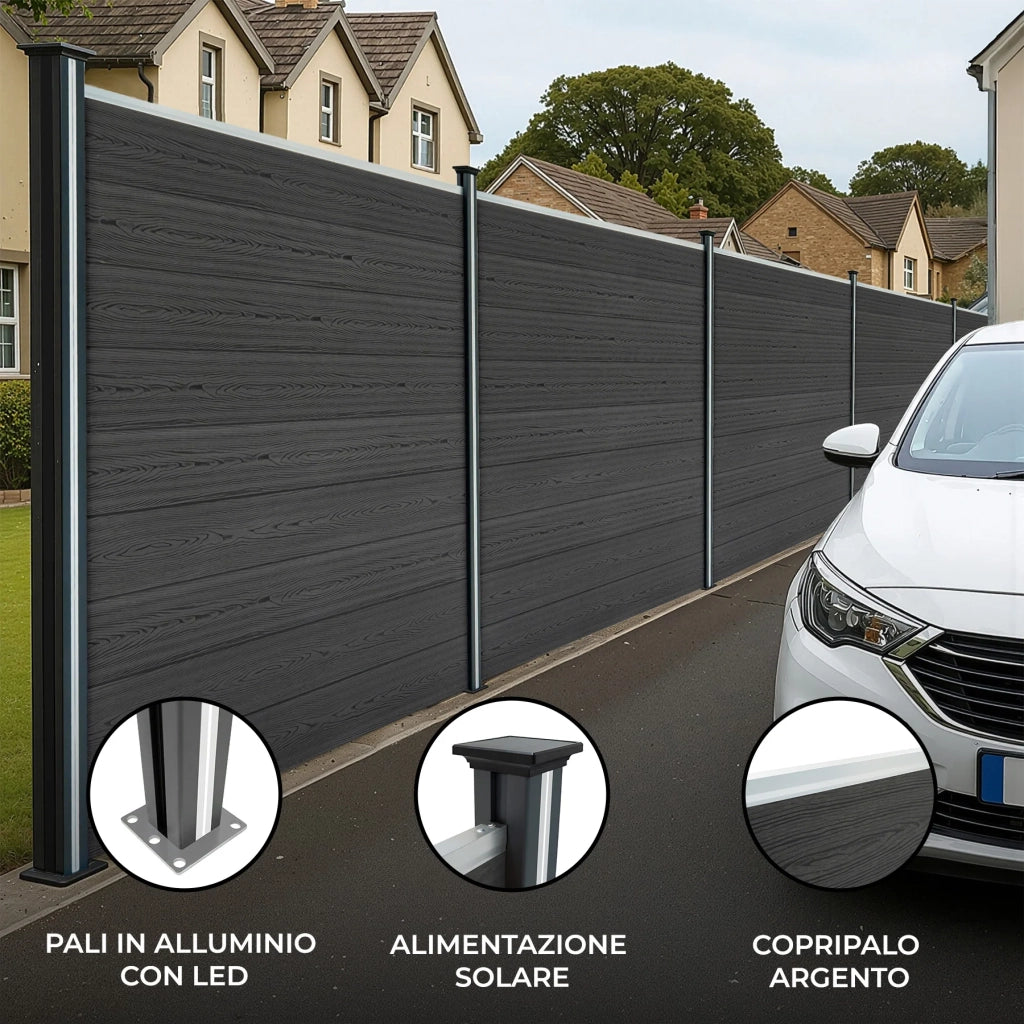 Pannelli Recinzione x4 + 5 Pali Alluminio LED Grigio Doghe PVC 185cm