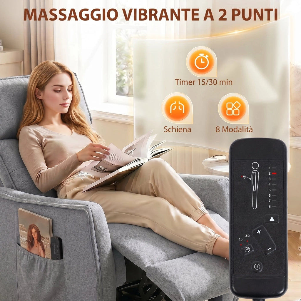 Poltrona Massaggiante  69x93x104 cm Reclinabile a 160° con Poggiapiedi e Telecomando Effetto Lino Grigio Chiaro
