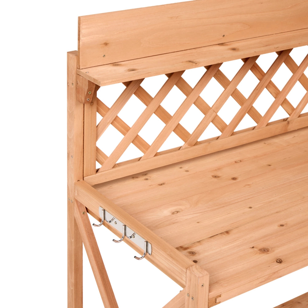Tavolo da giardinaggio in legno di abete marrone chiaro con ganci in acciaio e cassetto, per riporre gli attrezzi da giardino, in stile rustico