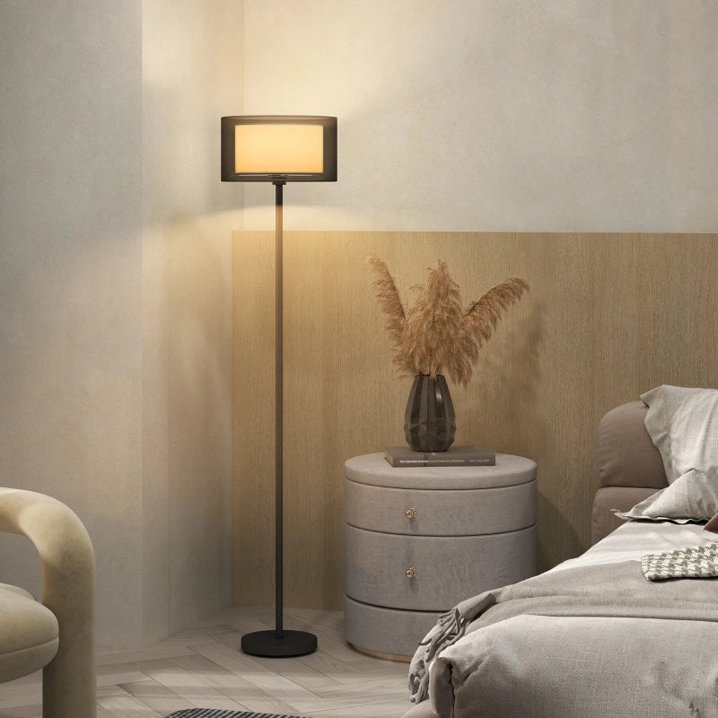 Lampada da terra nera con paralume bicolore, attacco E27, interruttore a pedale, struttura in metallo, H 152,5 cm