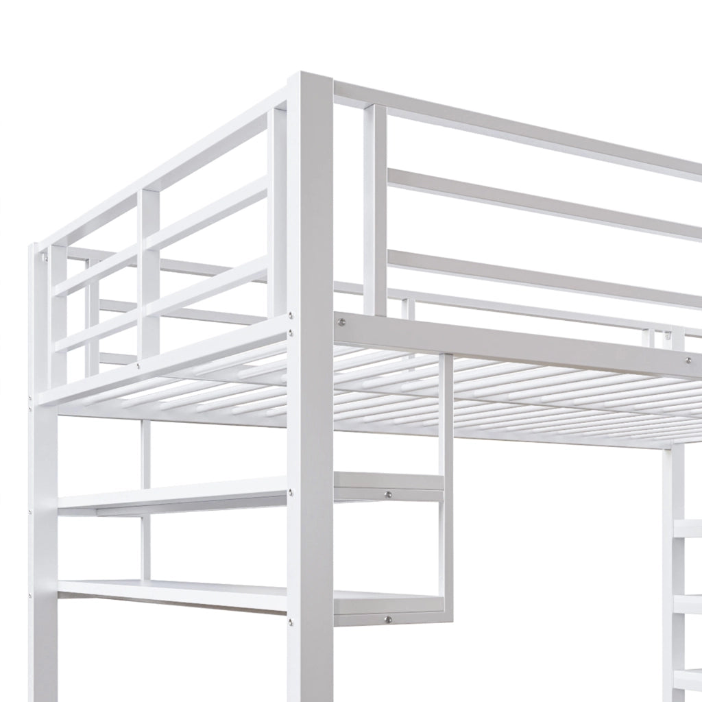 Letto a soppalco Letto Matrimoniale con scaffali; scala contenitore e sponde 140 x 200 cm; senza materasso; Bianco