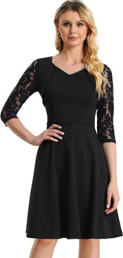 Dolce Stile - Abito da donna con maniche a tre quarti, vita alta e silhouette a A