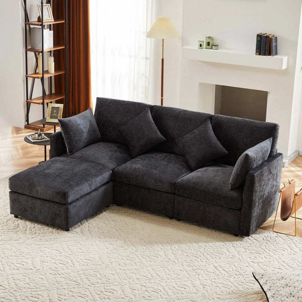 SOFA angolare modulare 216x161x81 cm in chenille grigio con pouf e 4 cuscini