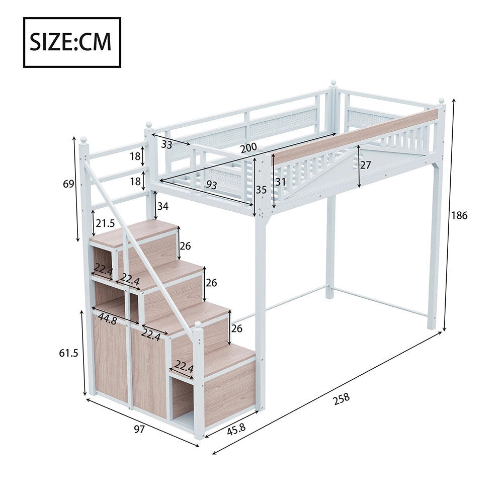 Letto a soppalco per bambini - Xylo - 90x200 cm - Bianco - Scala intercambiabile sinistra/destra con casiers di sicurezza