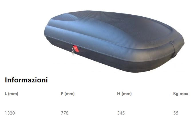 BOX TETTO AUTO 320 LT IN POLIPROPILENE FINITURA CARBONIO 132 X 77,8 X H 34,5 CM