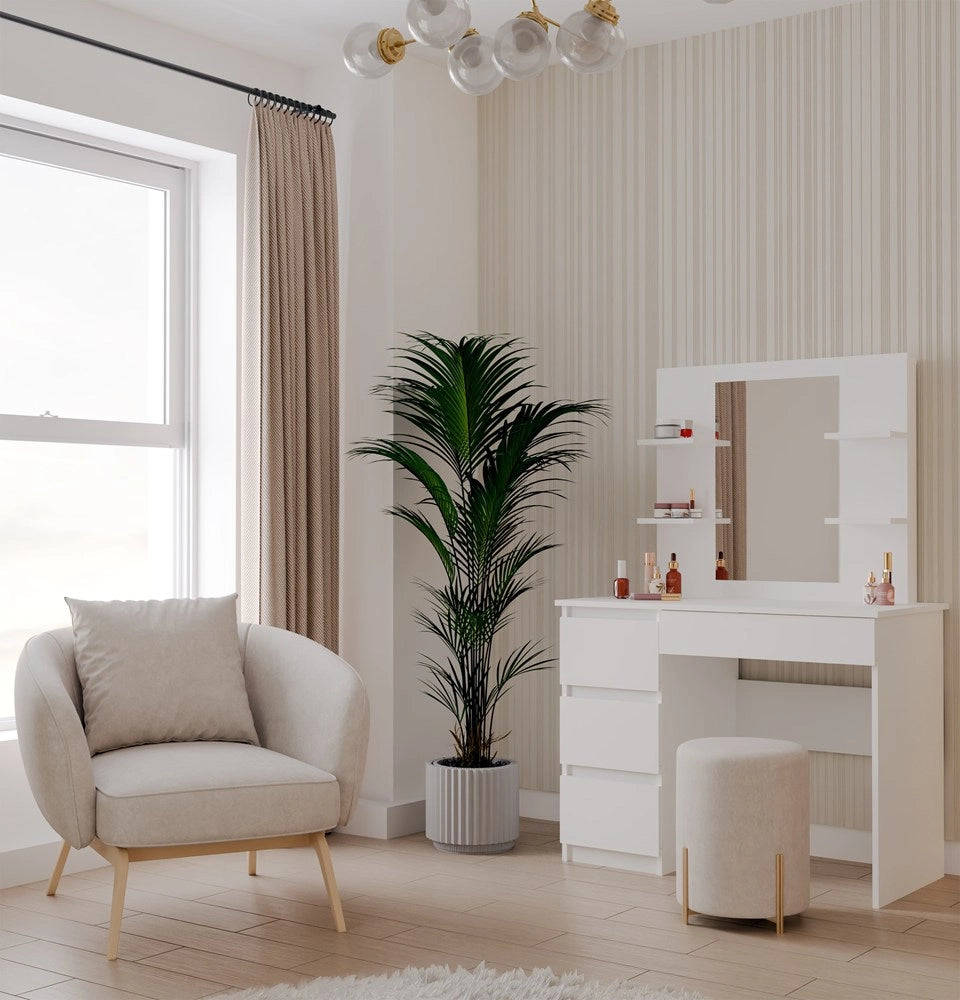 Toeletta MARINA 4p specchio MIJAS sinistro 4 cassetti 4 ripiani bianco per camera da letto