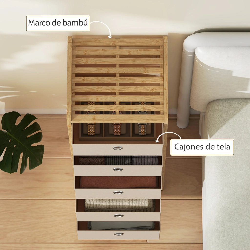 Cassettiera con 5 cassetti in tessuto struttura bamb¨´ ¨C zephmum ¨C crema e naturale 60x40x