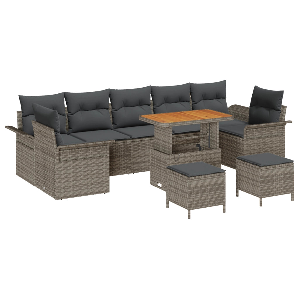 Set da Giardino 10 Pezzi con Cuscini Grigio in Rattan Polietilene Acacia