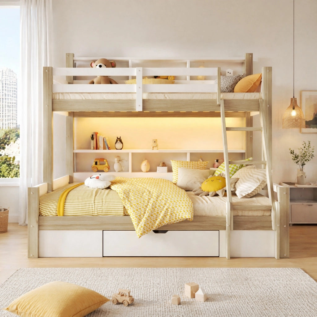 Letto a castello per bambini 90x200 cm + 140x200 cm in pino; bianco e naturale; con LED; cassetto e vani aperti