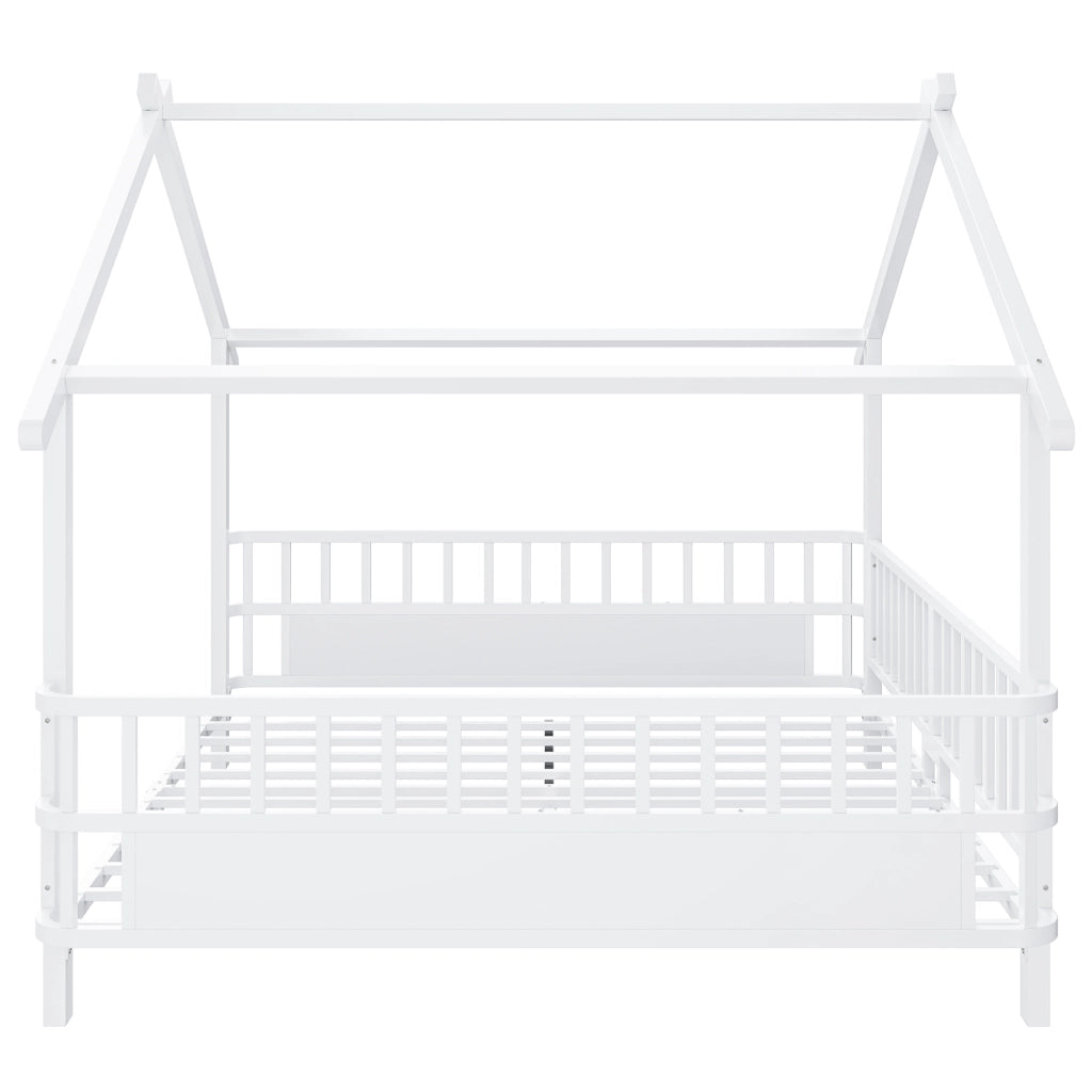 Letto per bambini in metallo a forma di casa 140 x 200 cm con sponde di sicurezza, design a tetto, colore bianco